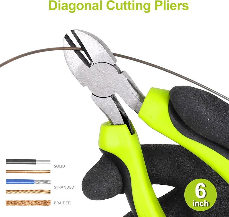 FASTPRO 5-Piece Utility Pliers Set with Storage Bag, Includes Groove Joint, Diagonal, Long Nose, Slip Joint Pliers and 8" Adjustable Wrench, Green - Image 5